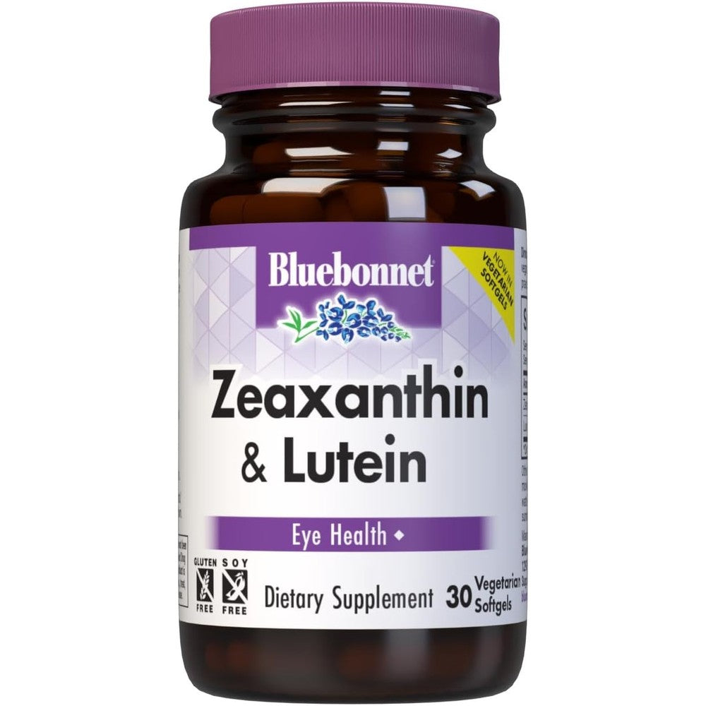 Bluebonnet Nutrition Zeaxanthin plus Lutein softgels front view for screen blue light eye protection