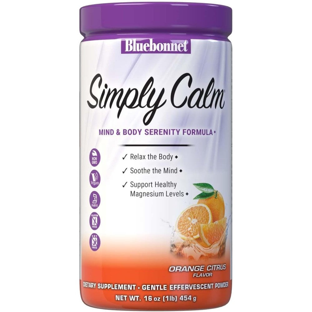 Bluebonnet Nutrition Simply Calm Powder 16 Ounce front view showing orange citrus flavor details.
