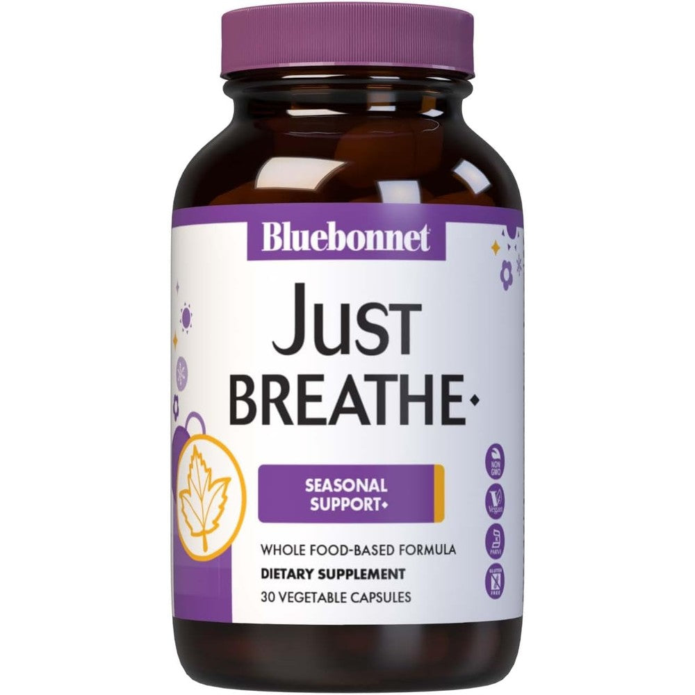 Bluebonnet Nutrition Just Breathe bottle front showing key seasonal support benefits