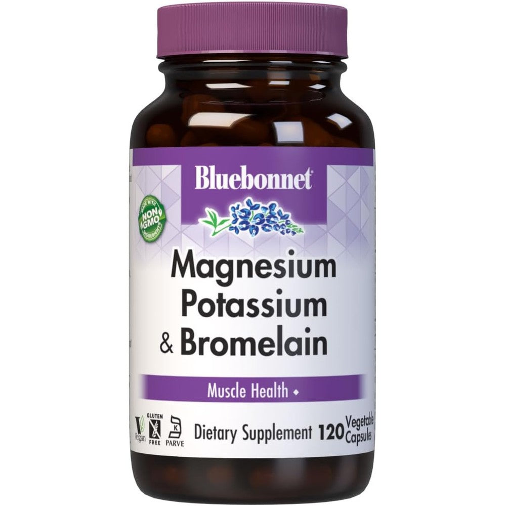 Bluebonnet Magnesium Potassium And Bromelain 120 Vegetable Capsules front bottle label showing muscle support benefits