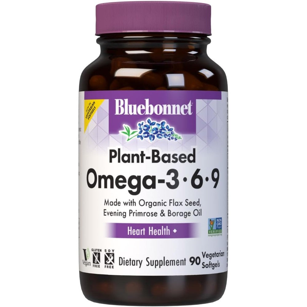 Bluebonnet Nutrition Plant Based Omega 3 6 9 1000 mg 90 vegetarian softgels front bottle view