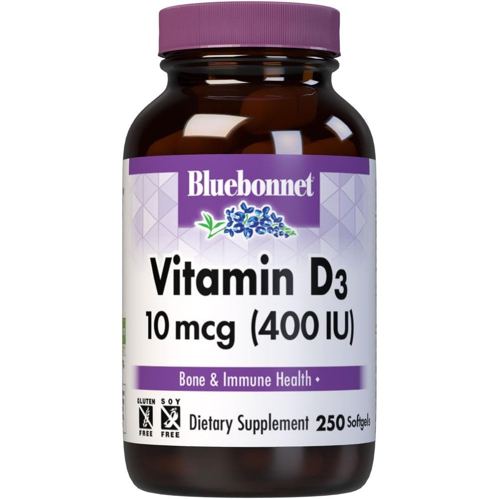 BlueBonnet Vitamin D3 400 IU 250 count front bottle view for daily bone support