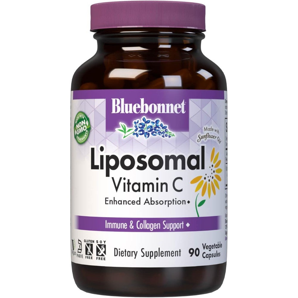 BlueBonnet Nutrition Liposomal Vitamin C 90 vegetable capsules front view showing the 1000 mg dosage label.