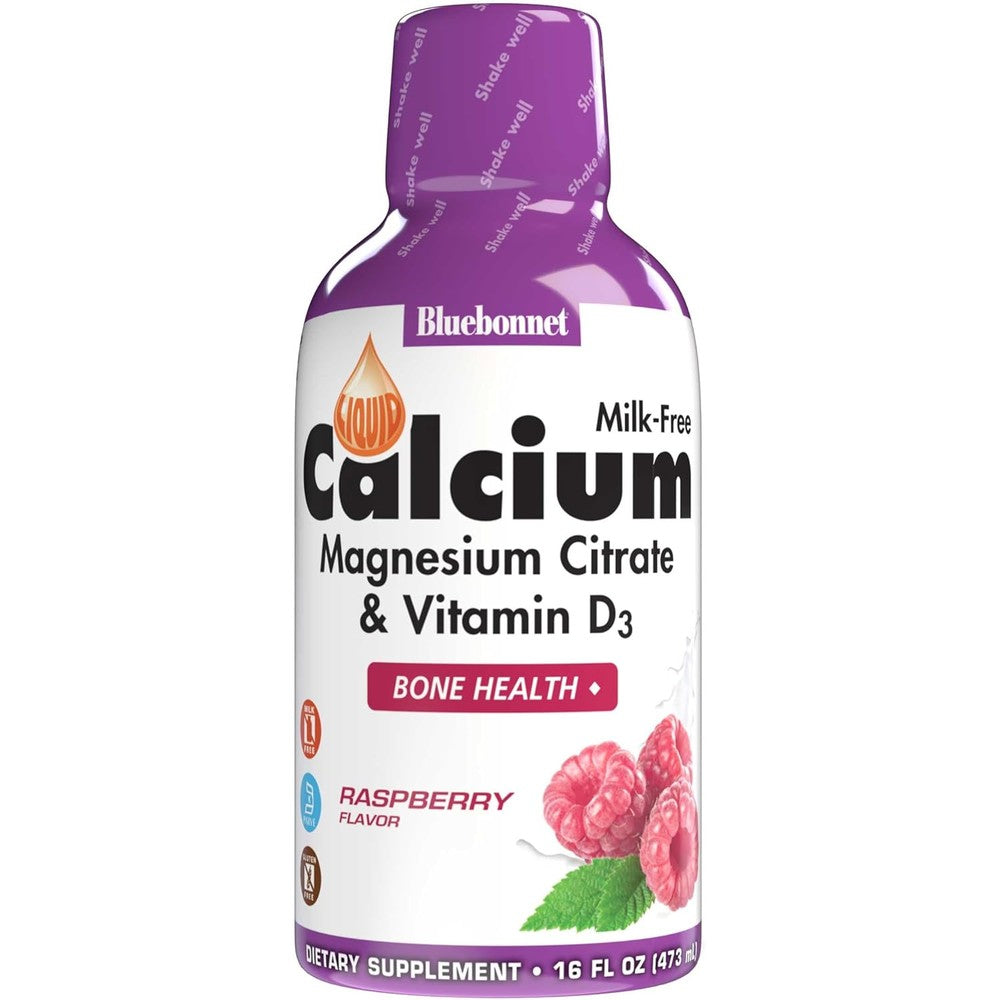 Bluebonnet Liquid Calcium Magnesium Citrate bottle front view showing raspberry flavor bone health supplement.