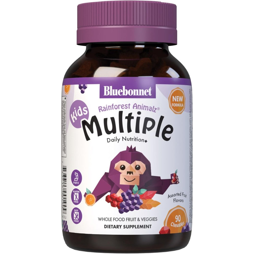 Bluebonnet Nutrition Rainforest Animalz Kids Multivitamin front view bottle containing 90 chewable tablets