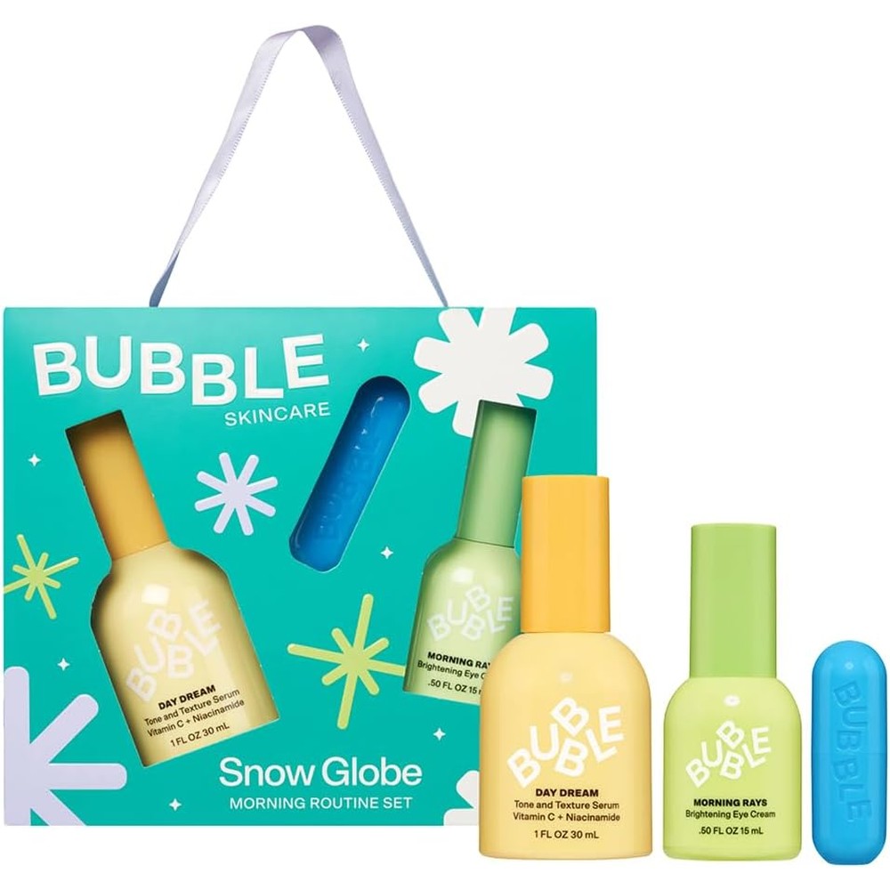 Bubble Skincare Snow Globe Morning Routine Travel Skincare Set front view showing three products