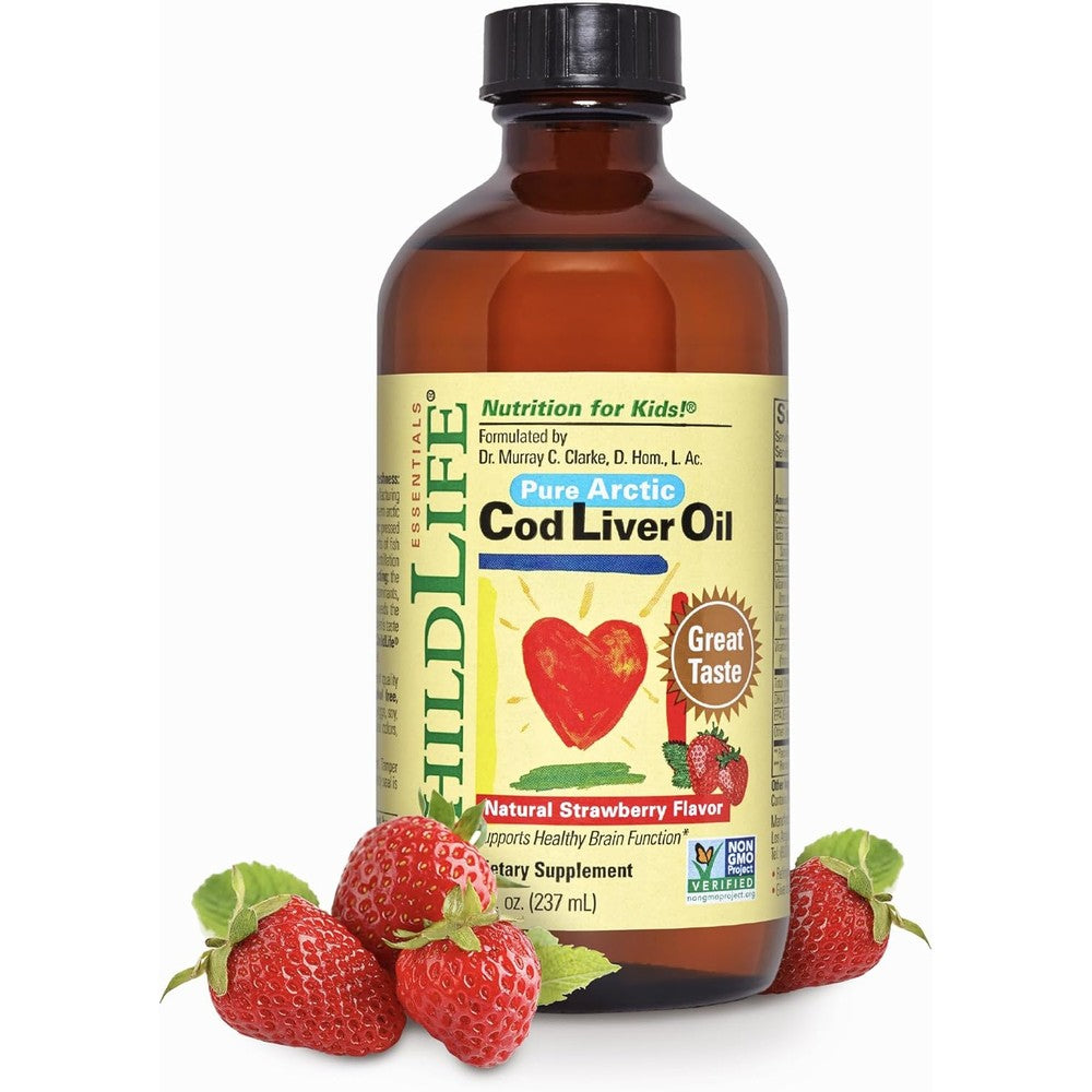 ChildLife Essentials Pure Arctic Cod Liver Oil for kids front bottle view showing strawberry flavor