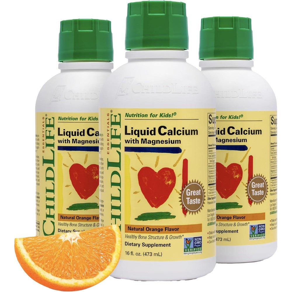 ChildLife Essentials Liquid Calcium Supplement For Kids 3 Pack front view showing natural orange flavor bone health benefits.