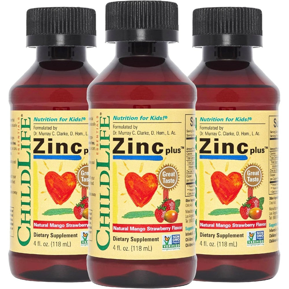 ChildLife Essentials Liquid Zinc Plus front view of three pack bottles for kids immune health