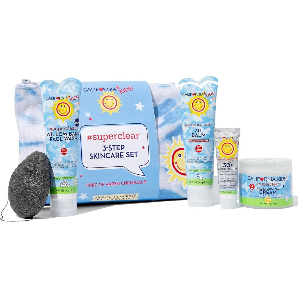 California Kids 3-Step Skin Care Set | Gentle Skin Care For Kids + Teens With Sensitive Skin | Exfoliating Face Wash + Pimple Cream + Facial Sponge