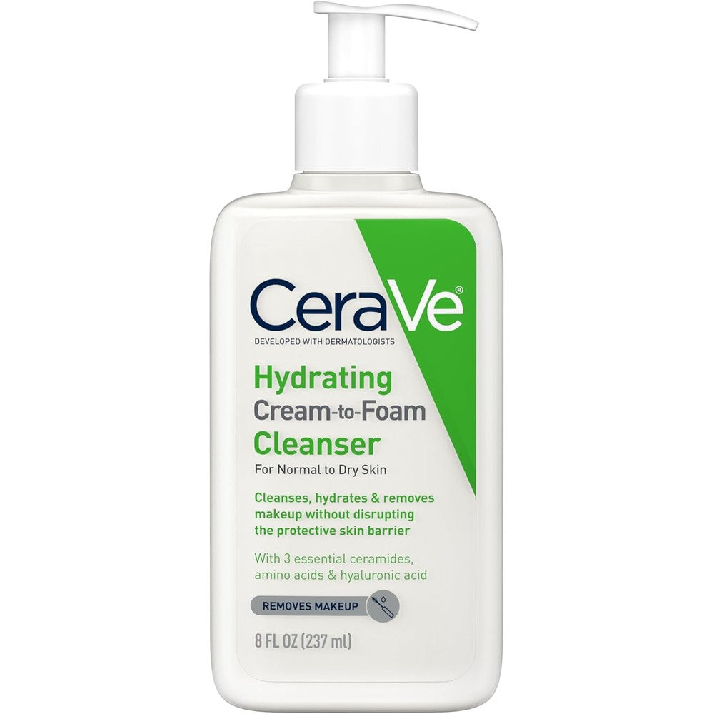 CeraVe Hydrating Cream to Foam Cleanser 8 Fluid Ounces front view of bottle packaging.