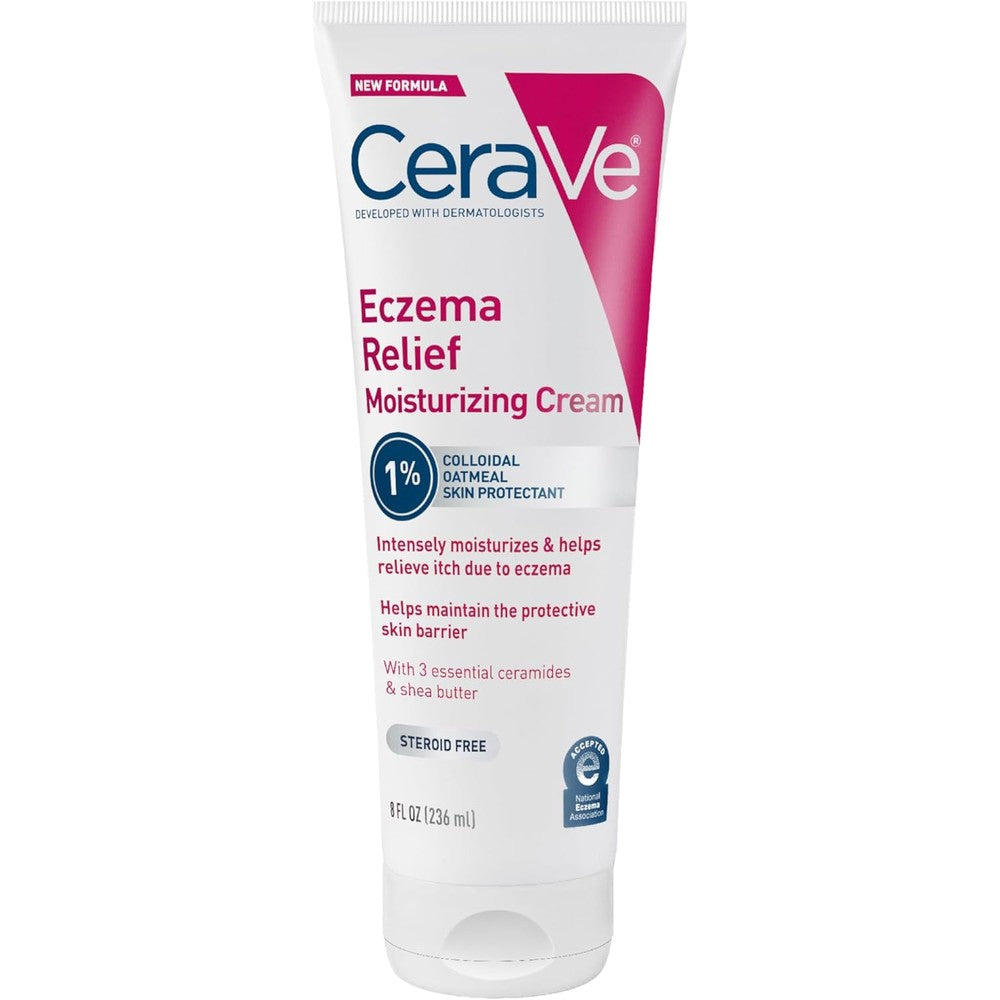 CeraVe Eczema Relief Moisturizing Cream front view of the eight ounce bottle on a plain background for eczema skin care