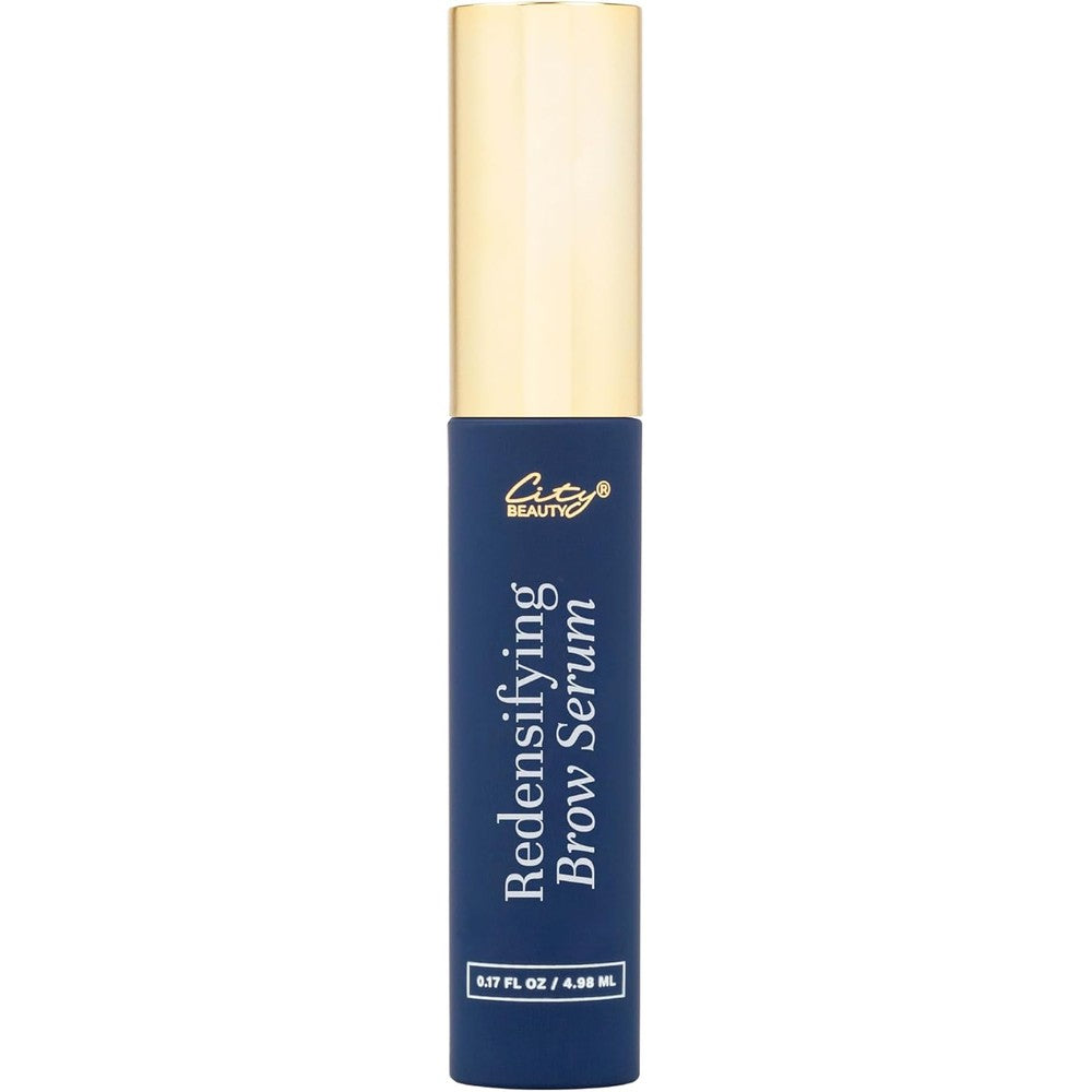 City Beauty Redensifying Brow Serum front view of blue tube with gold cap for fuller eyebrows