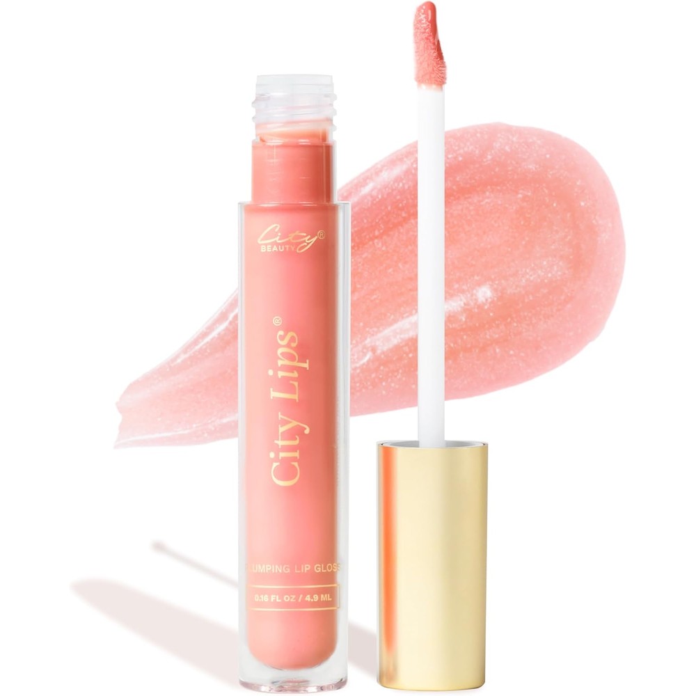 City Beauty City Lips Plumping Lip Gloss Glamorous Glow front view showing clear tube and gold cap.
