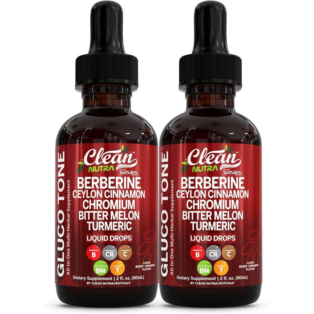 Clean Nutraceuticals Gluco Tone Berberine and Ceylon Cinnamon liquid drops front view bottle for metabolic support.