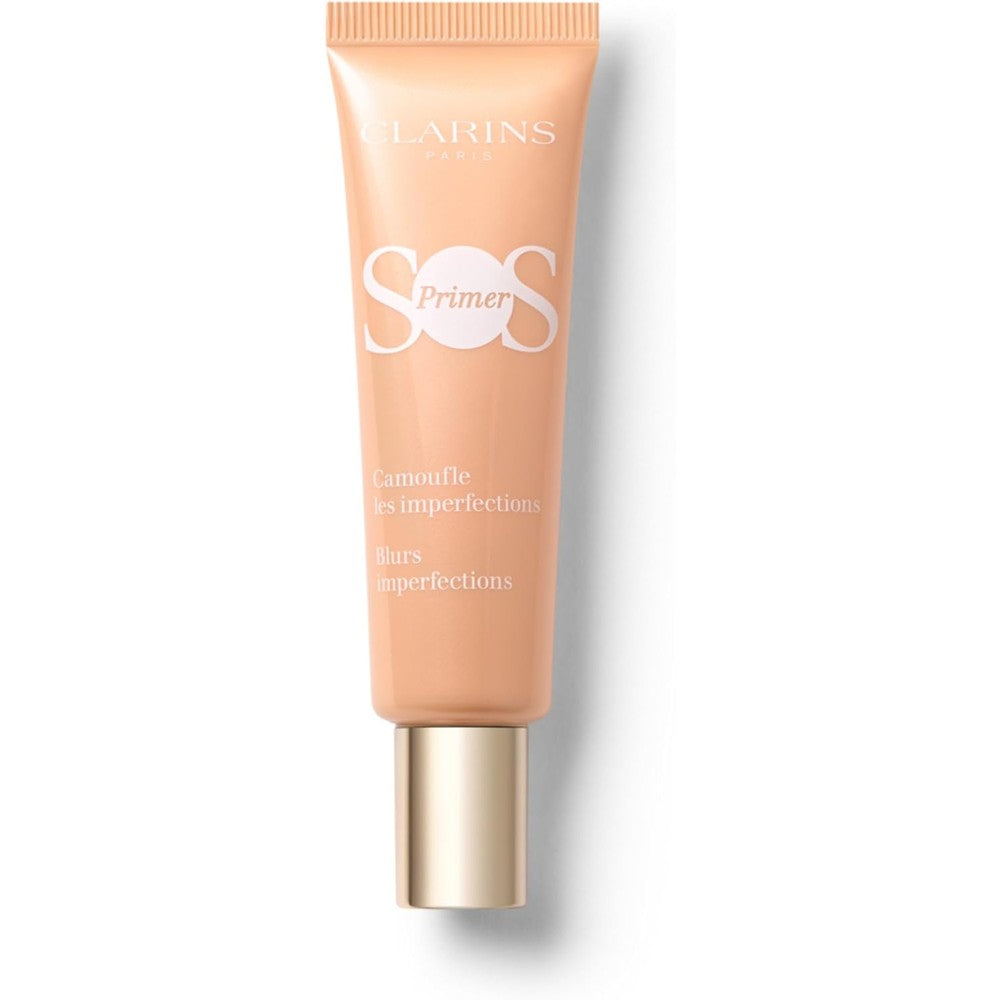 Clarins SOS Color Correcting Makeup Primer front view showing peach shade packaging.