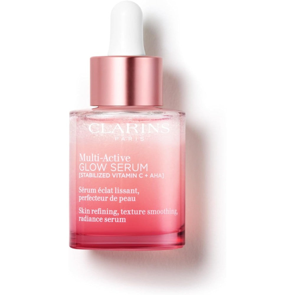 Clarins Multi-Active Brightening Glow Serum 1 Fluid Ounce front view bottle showing bi-phase pink liquid layer