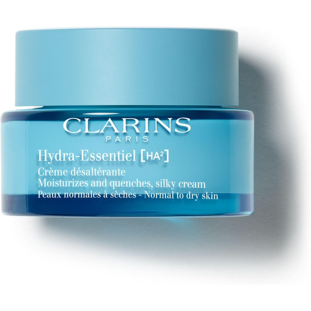 Clarins Hydra-Essentiel Silky Cream front view of the outer packaging jar for premium face hydration.