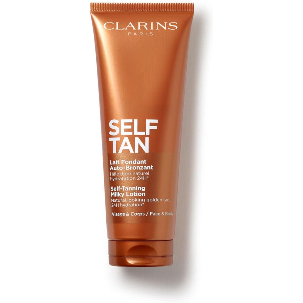 Clarins Self Tanning Milky Lotion front view showing the 4.5 ounce packaging.