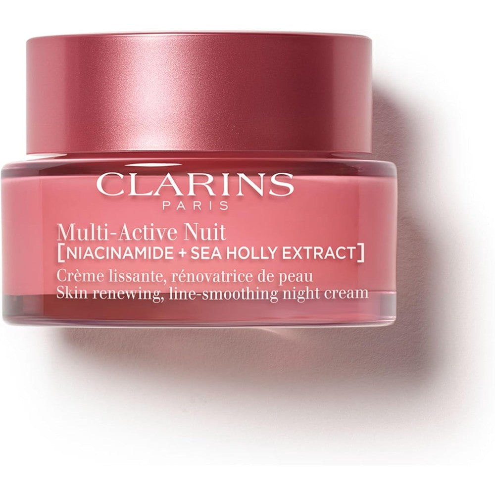 Clarins Multi-Active Renewing Night Moisturizer front view of dark red jar