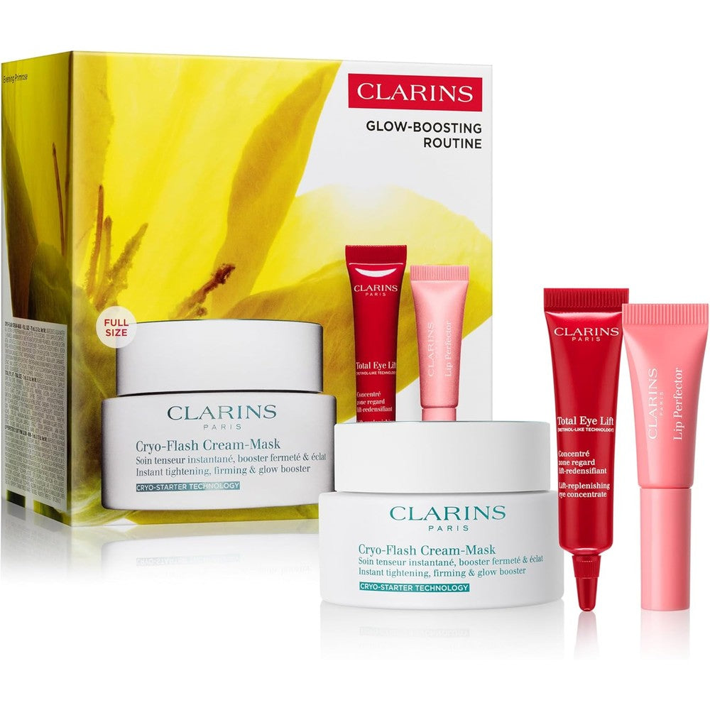 Clarins Cryo-Flash Face Mask three-piece skincare set front view featuring premium cooling cream mask