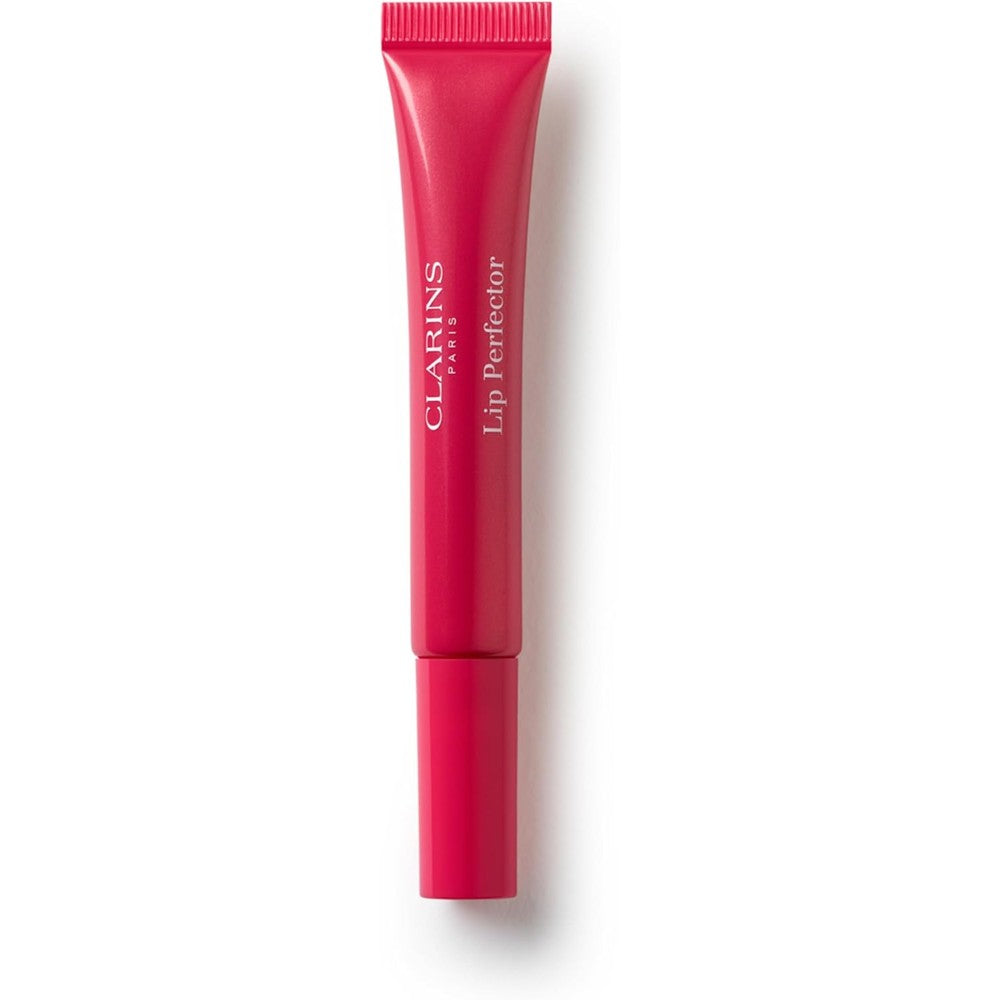 Clarins Lip Perfector peptide plumping lip gloss tube front view showing vibrant packaging.