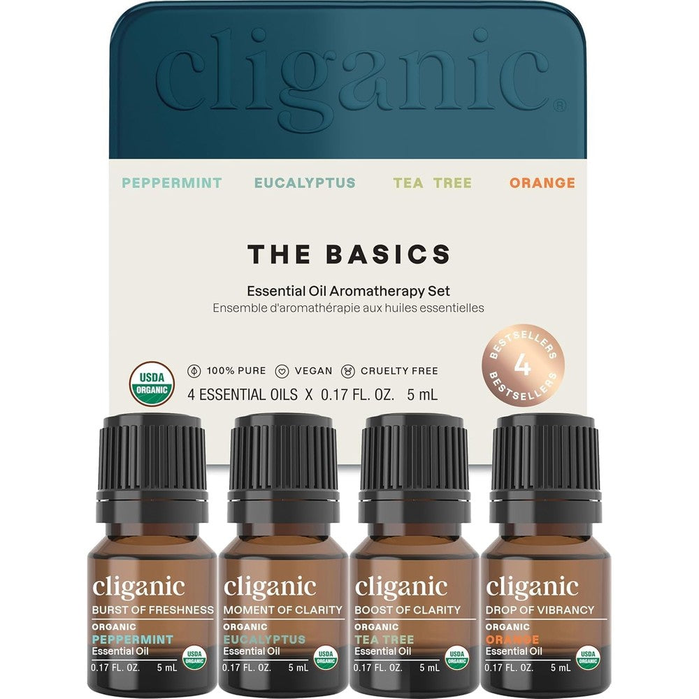 Cliganic Organic Essential Oils Gift Set front packaging view showing the four individual bottles.