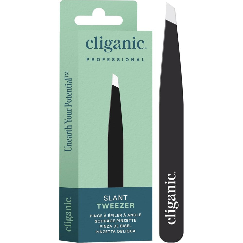 Cliganic professional eyebrow tweezers slant tip front view showcasing stainless steel build