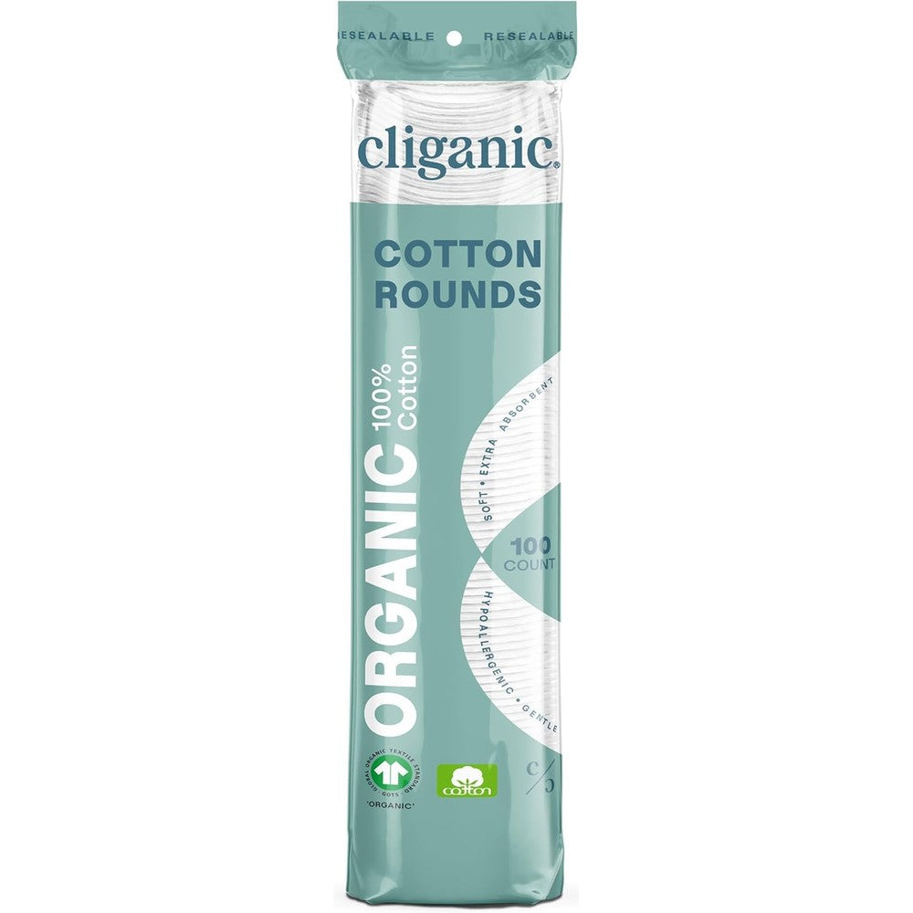 Cliganic organic cotton rounds 100 count front view packaging