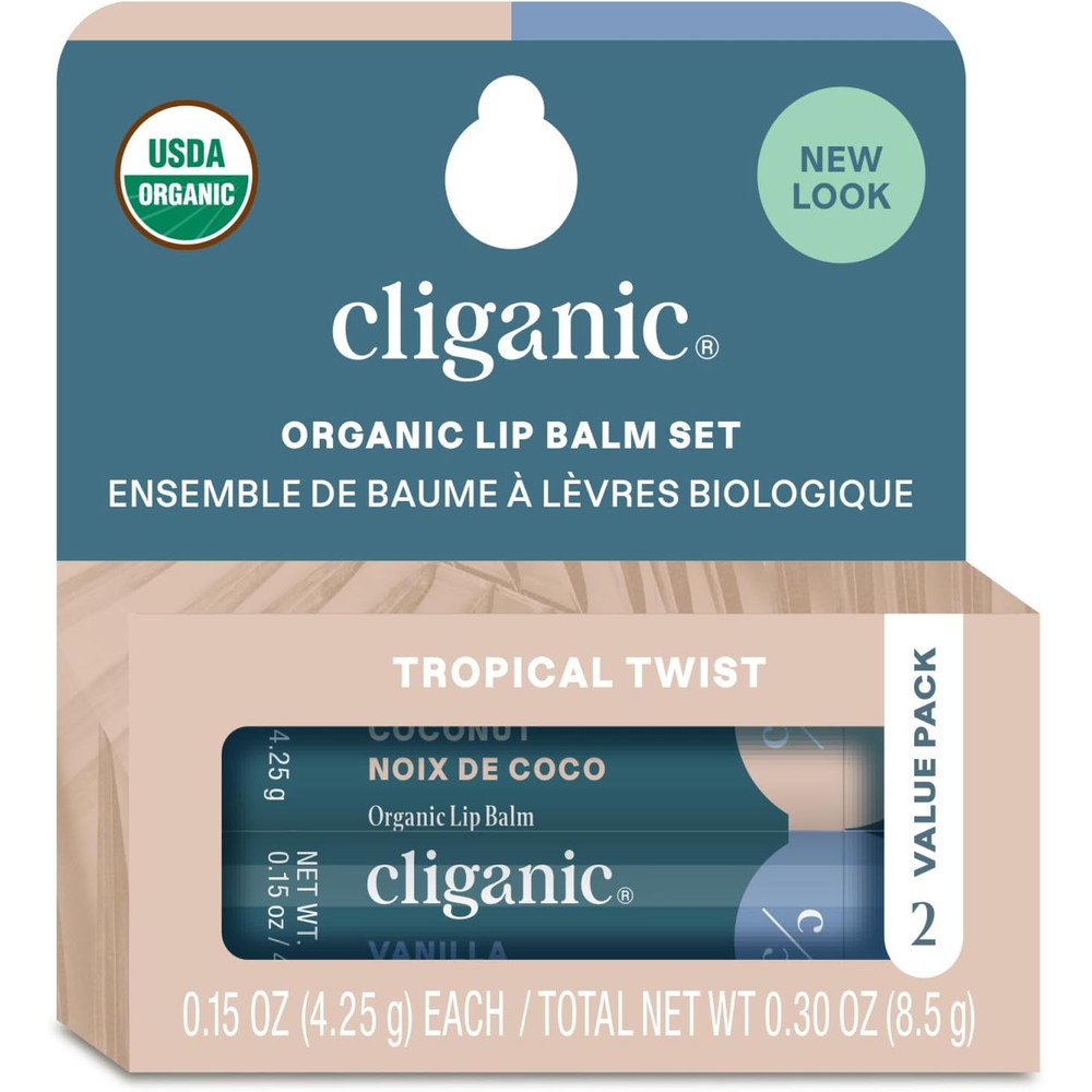 Cliganic Organic Lip Balm Tropical Twist duo pack front view showing packaging