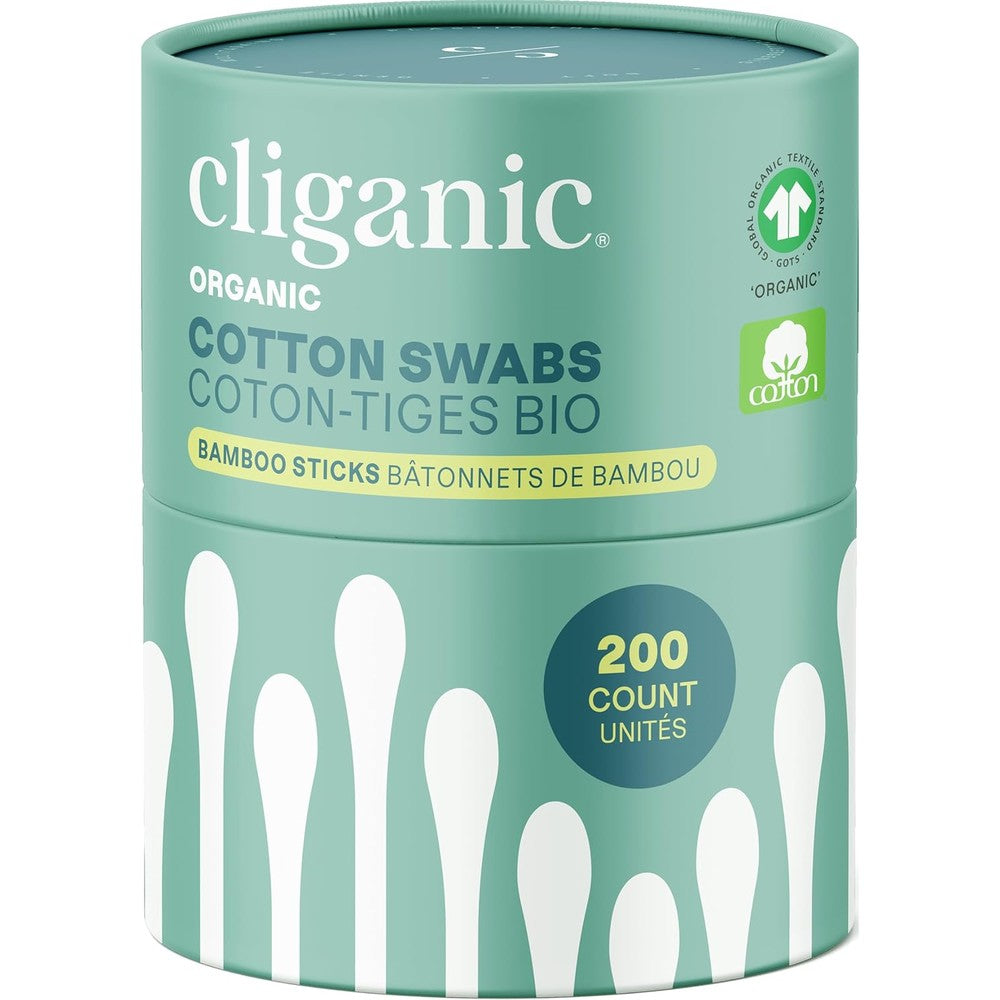 Cliganic organic bamboo cotton swabs 200 count packaging front view for sustainable personal care