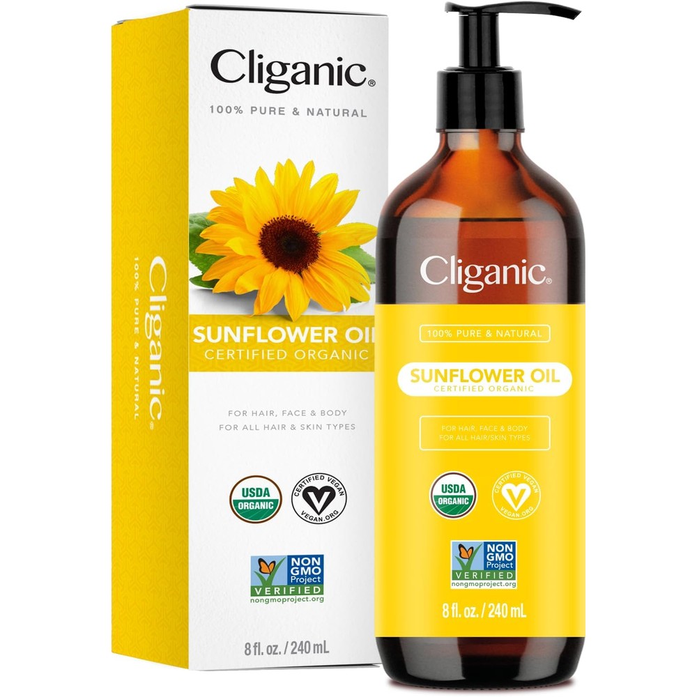 Cliganic Organic Sunflower Oil 8oz bottle front view for natural skincare