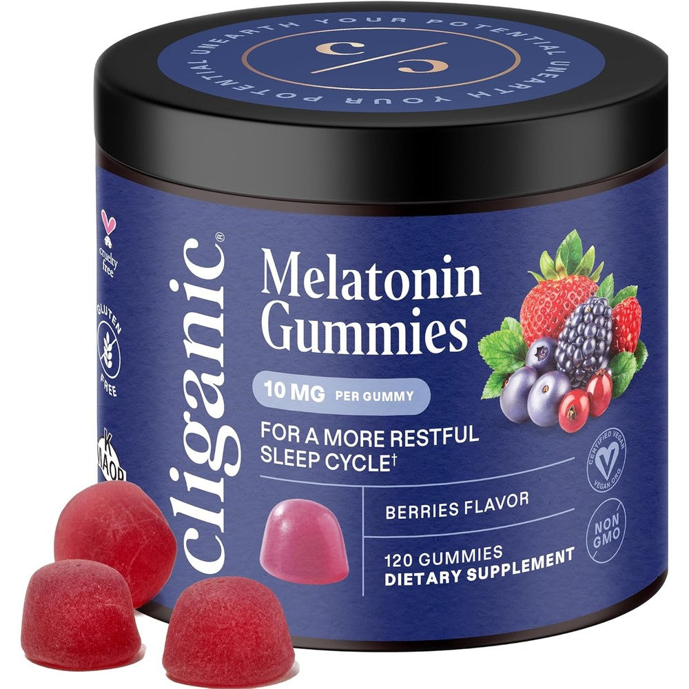 Cliganic Melatonin Gummies 10mg bottle front view for adult sleep support.