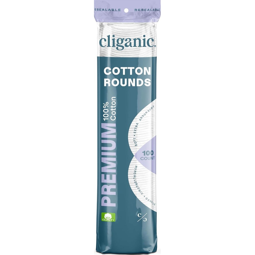 Cliganic Premium Cotton Rounds front view pack of one hundred makeup remover pads