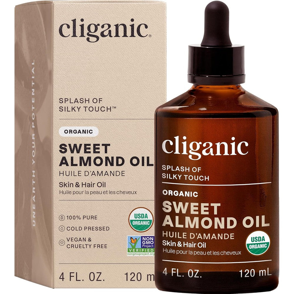 Cliganic Organic Sweet Almond Oil front view bottle of authentic cold pressed carrier oil.