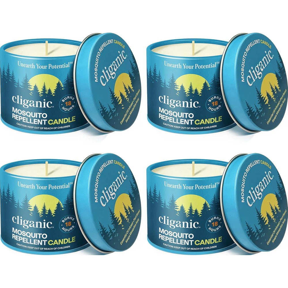 Cliganic Natural Mosquito Repellent Candle pack of four front view on an outdoor patio table