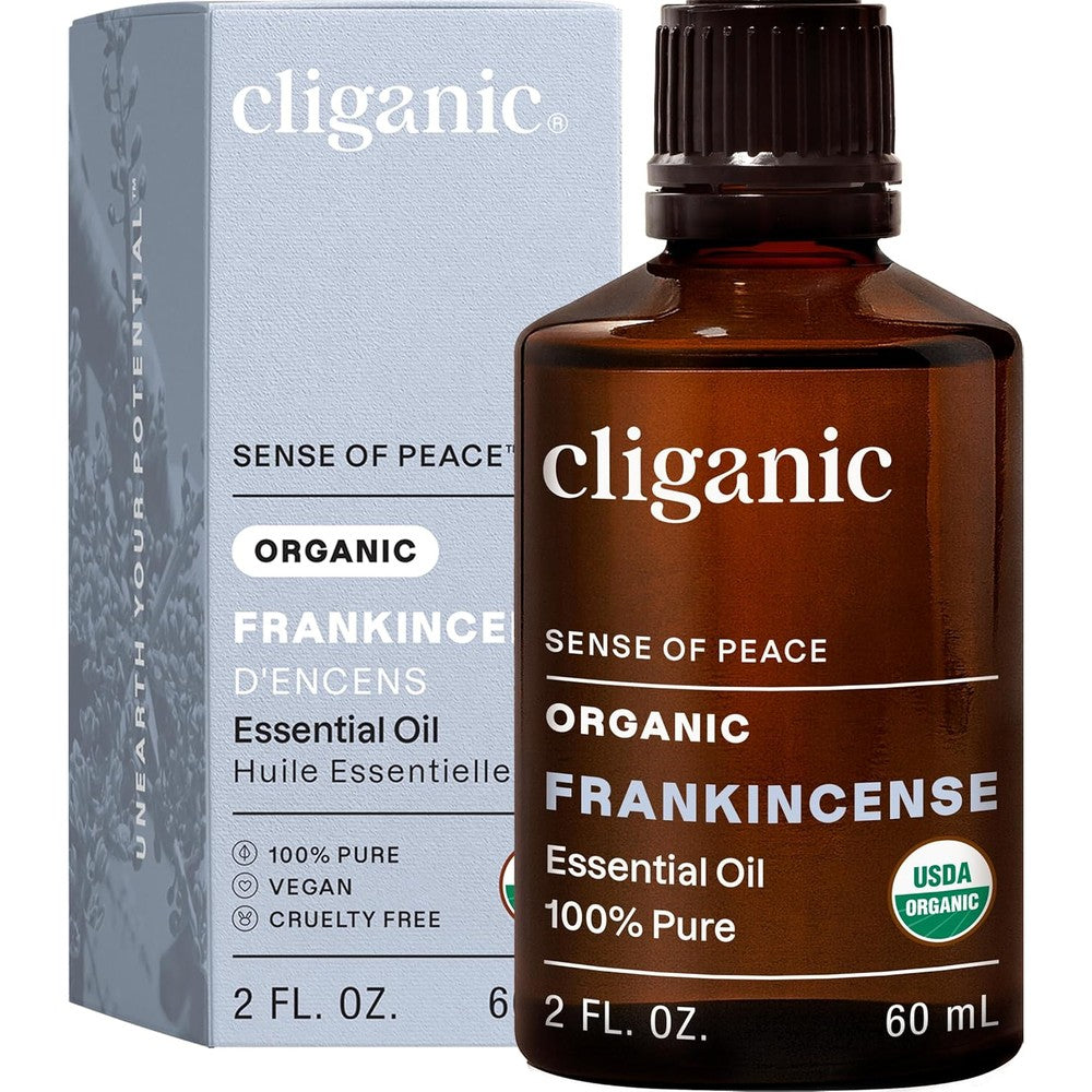 Cliganic Organic Frankincense Essential Oil bottle front view for aromatherapy
