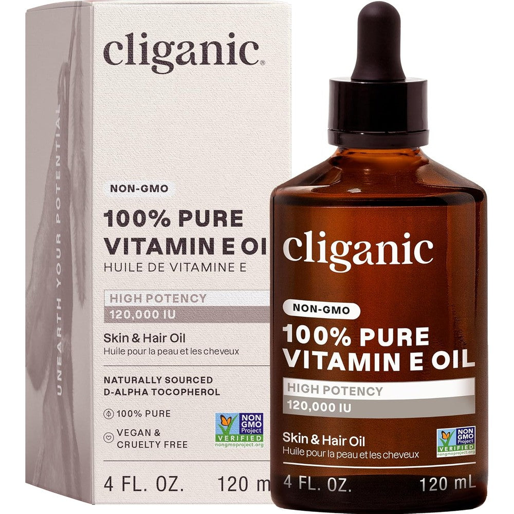 Cliganic Pure Vitamin E Oil 120000 IU 4 fluid ounce bottle front view showcasing authentic packaging.