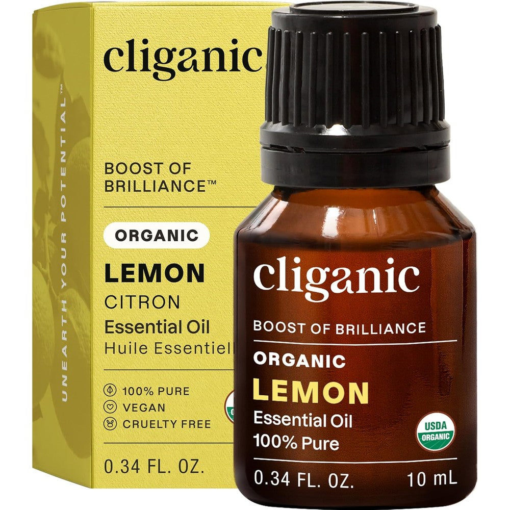 Cliganic USDA Organic Lemon Essential Oil 10ml front view bottle with dropper cap