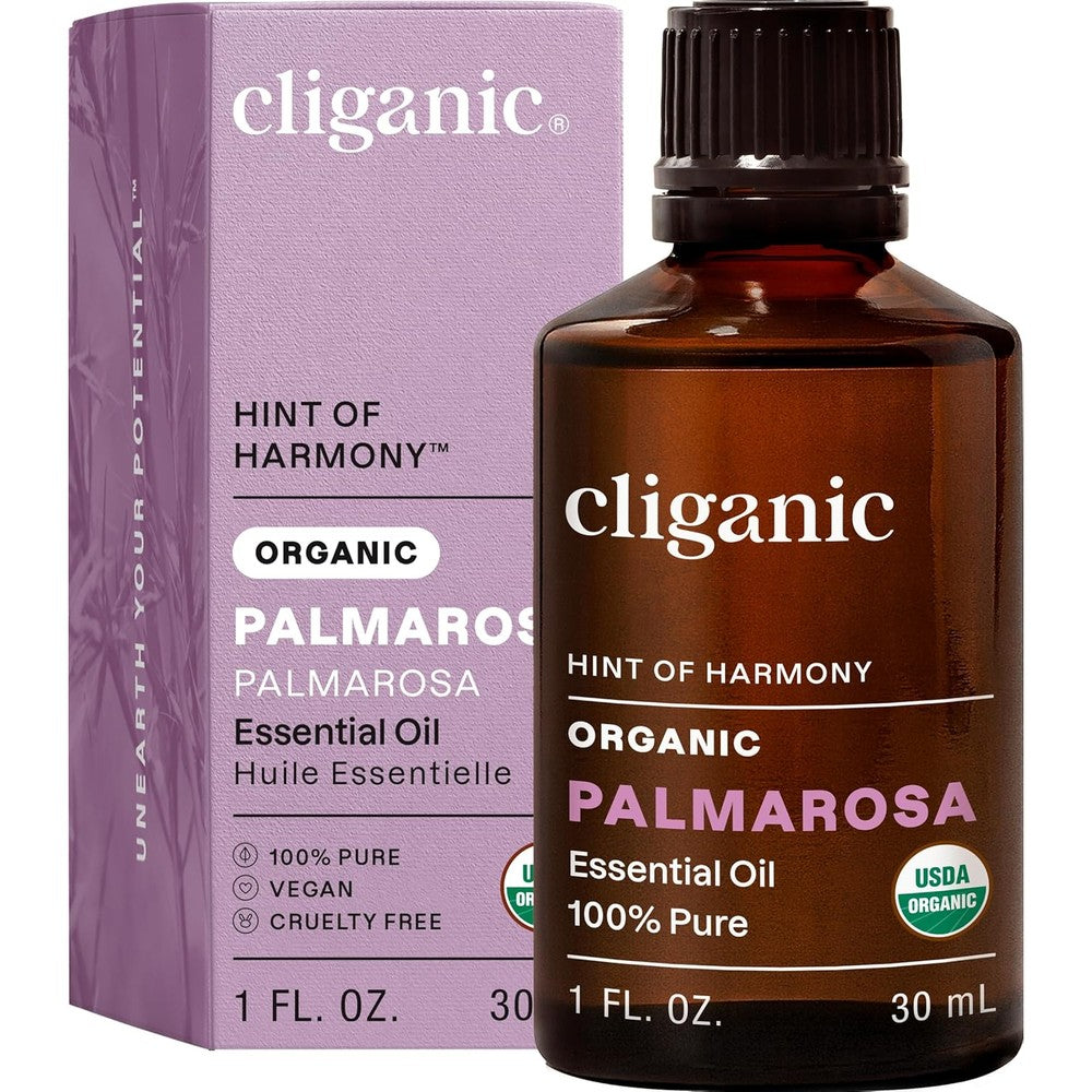 Cliganic USDA Organic Palmarosa Essential Oil front view bottle for natural aromatherapy