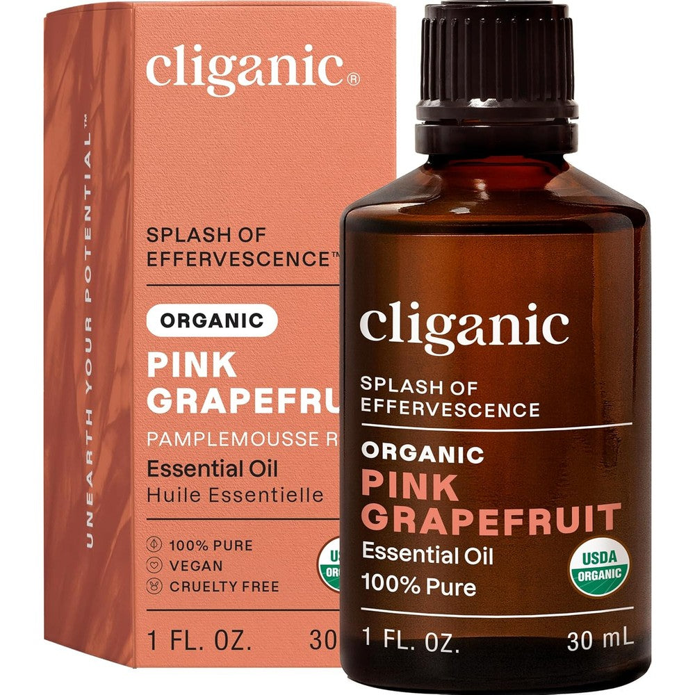 Cliganic Organic Pink Grapefruit Essential Oil front view bottle on white background