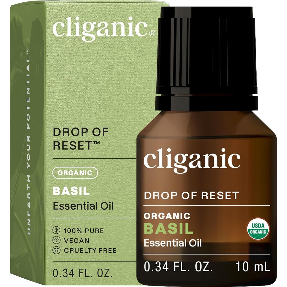 Cliganic Organic Basil Essential Oil front view bottle for aromatherapy diffuser