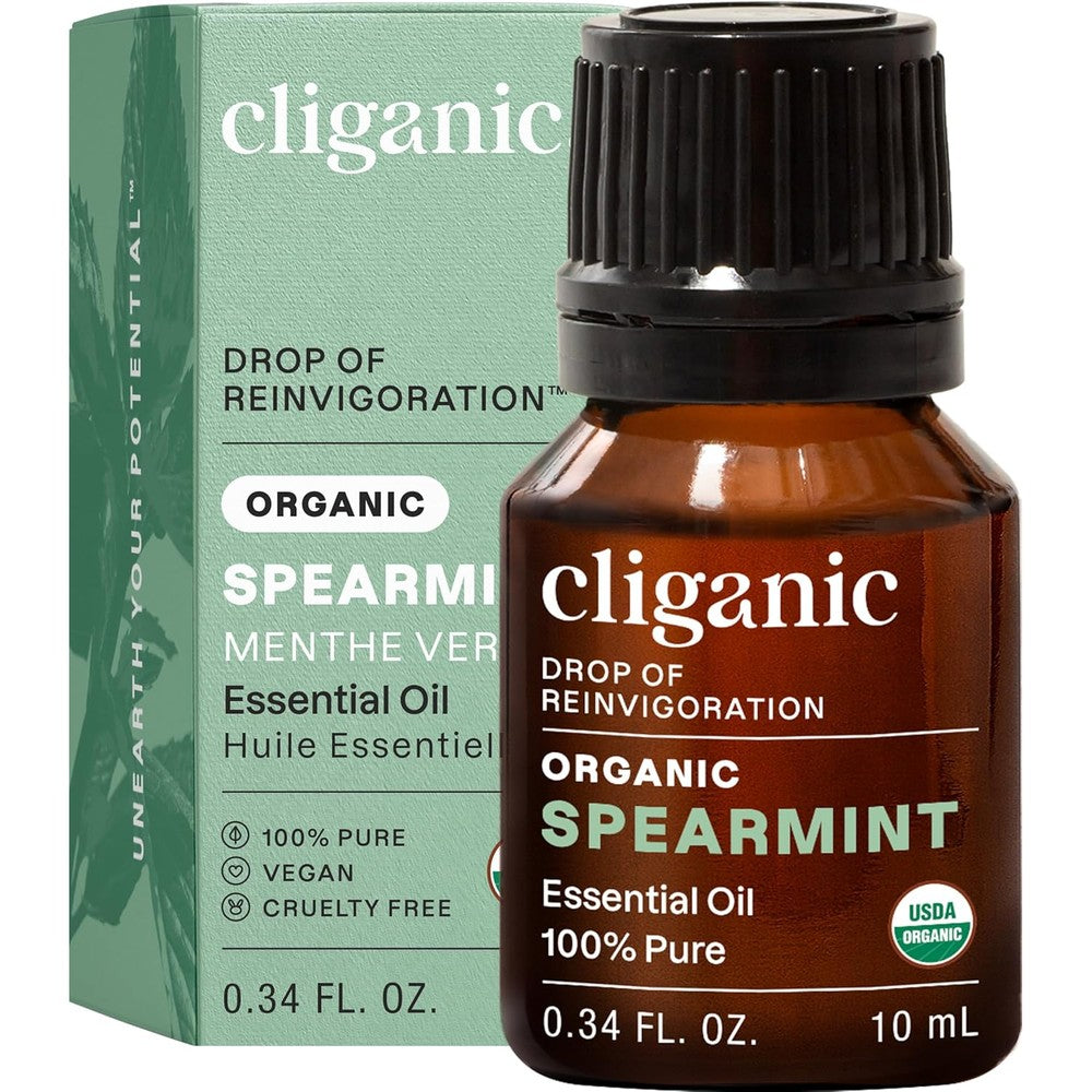 Cliganic USDA Organic Spearmint Essential Oil 10ml front view bottle for aromatherapy diffuser