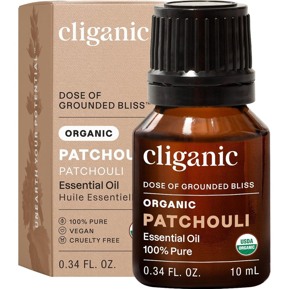 Cliganic Organic Patchouli Essential Oil front view of the 10ml amber bottle