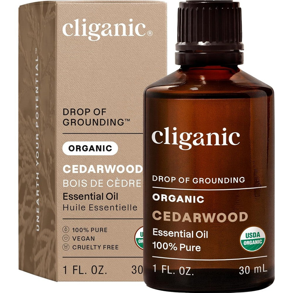 Cliganic Organic Cedarwood Essential Oil amber glass bottle front view