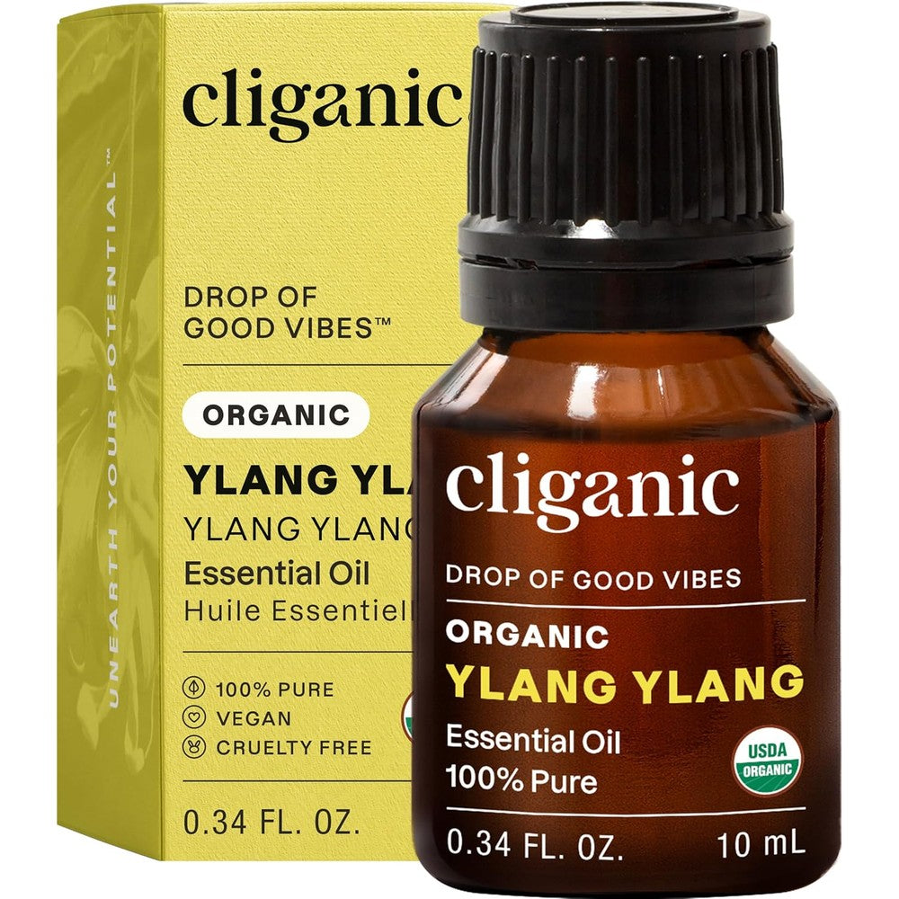 Cliganic Organic Ylang Ylang Essential Oil 10ml bottle front view with glass dropper.