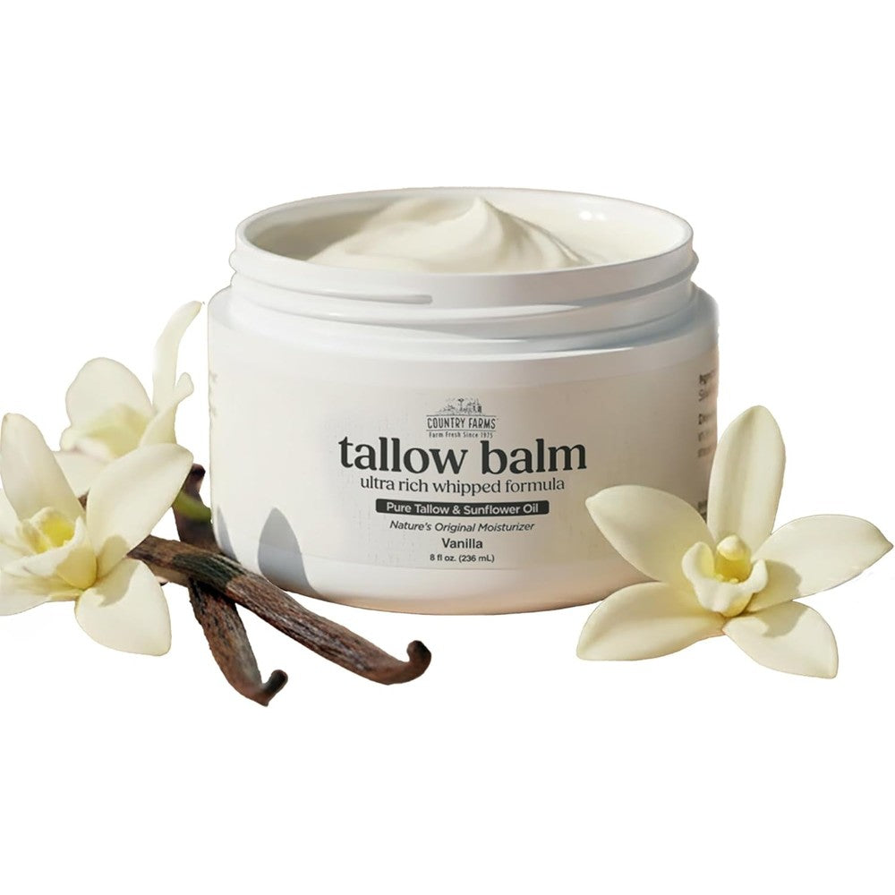 Country Farms Tallow Balm for Skin - Ultra Whipped Vanilla Moisturizer, Deep Hydration for Dry & Sensitive Skin, Face & Body Cream with Beef Tallow, Beeswax & Sunflower Oil - 8 oz