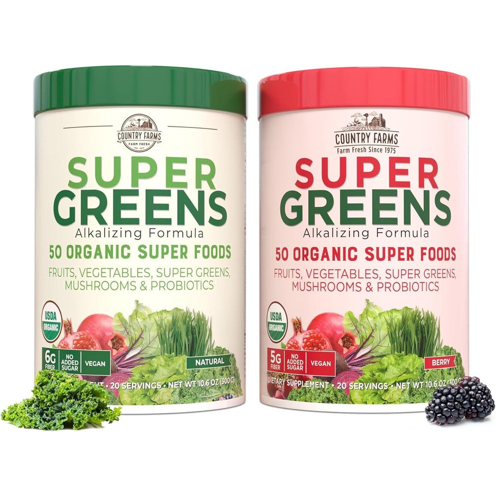 Country Farms Super Greens Power Pack, 50 Organic Super Foods, Greens Powder with Probiotics for Gut Health & Bloating Relief, Supports Energy, Unflavored & Berry, 40 Serving