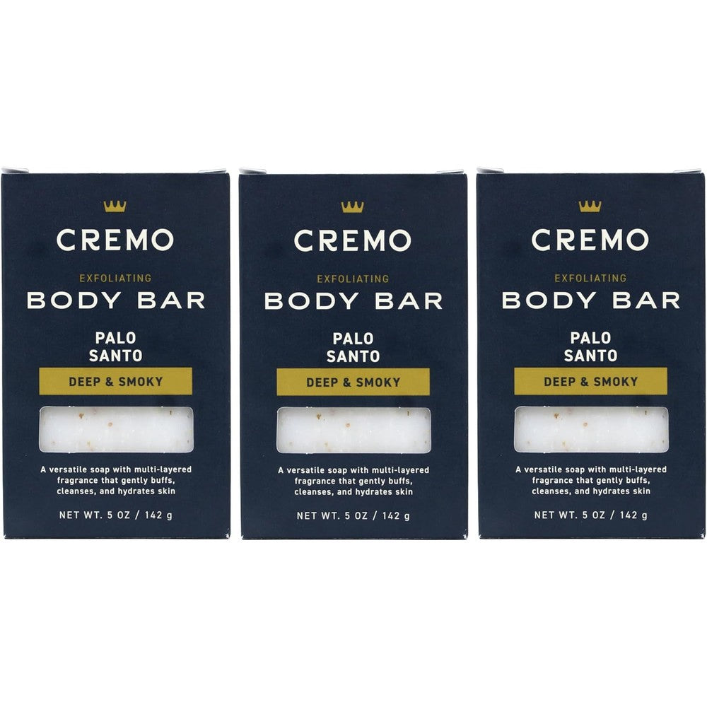Cremo Palo Santo exfoliating body bar front pack of three packaging.