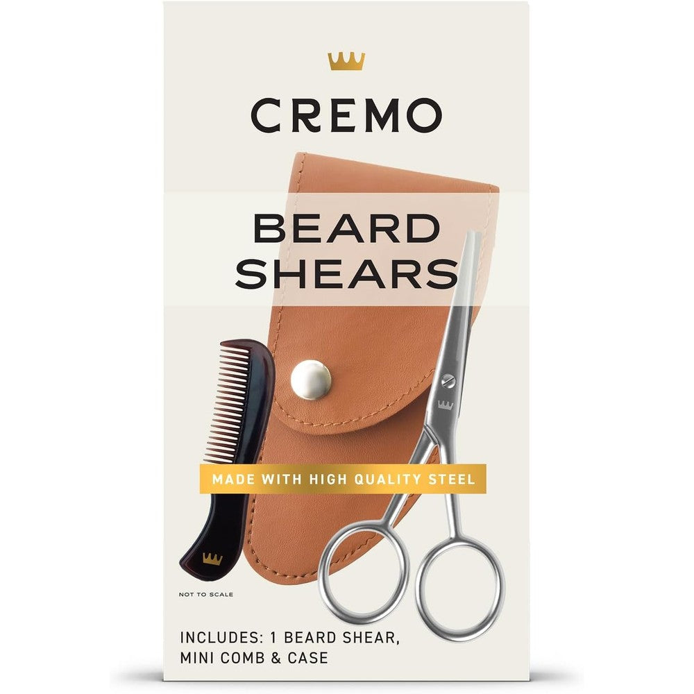 Cremo stainless steel beard shears and mini comb grooming kit front view